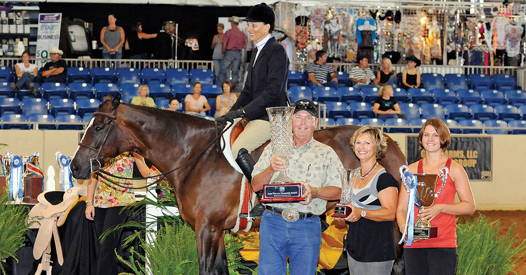 Nancy Sue Ryan accepts the first June Warren Memorial trophy NSBA World Championship Show, June Warren Memorial trophy, Nancy Sue Ryan